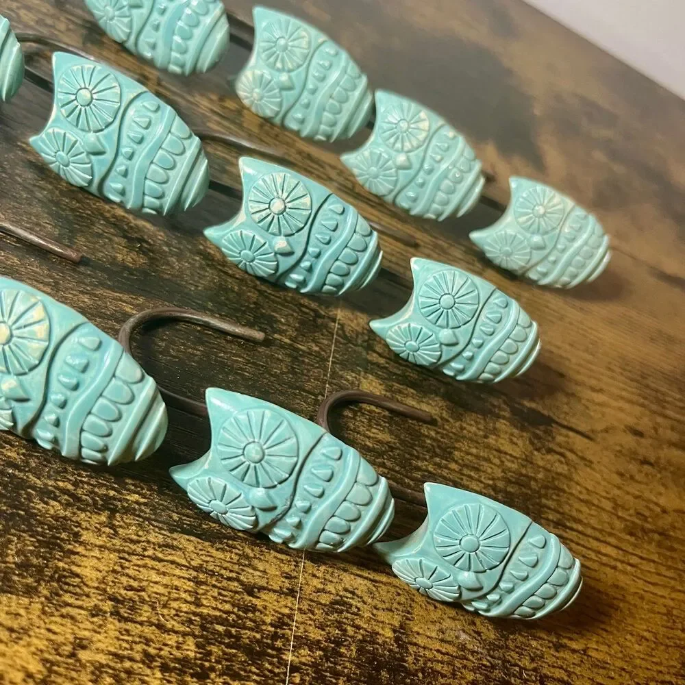 Vintage Owl Shower Curtain Hooks Set of 12 Turquoise Aqua Blue Bathroom Decor